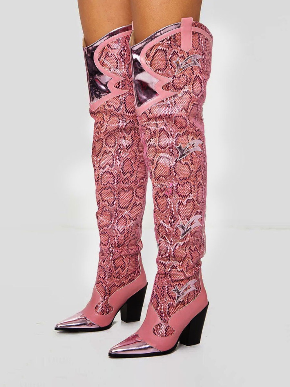 Pink Snake-Print Over-The-Knee Western Boots - Women